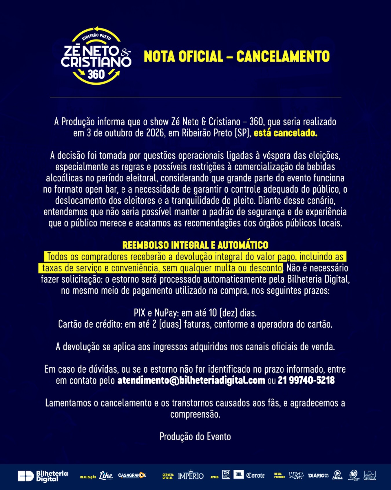 Anúncio de suspensão do show de Zé Neto e Cristiano. Foto: Reprodução